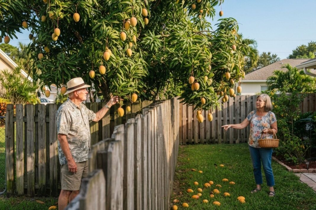 Mangos colgando de un árbol en un patio residencial de Florida