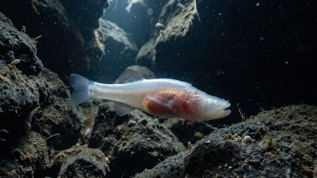 Pez cavernícola sin ojos de la especie Demogorgonichthys arcanus encontrado en la cueva Bobcat, Alabama