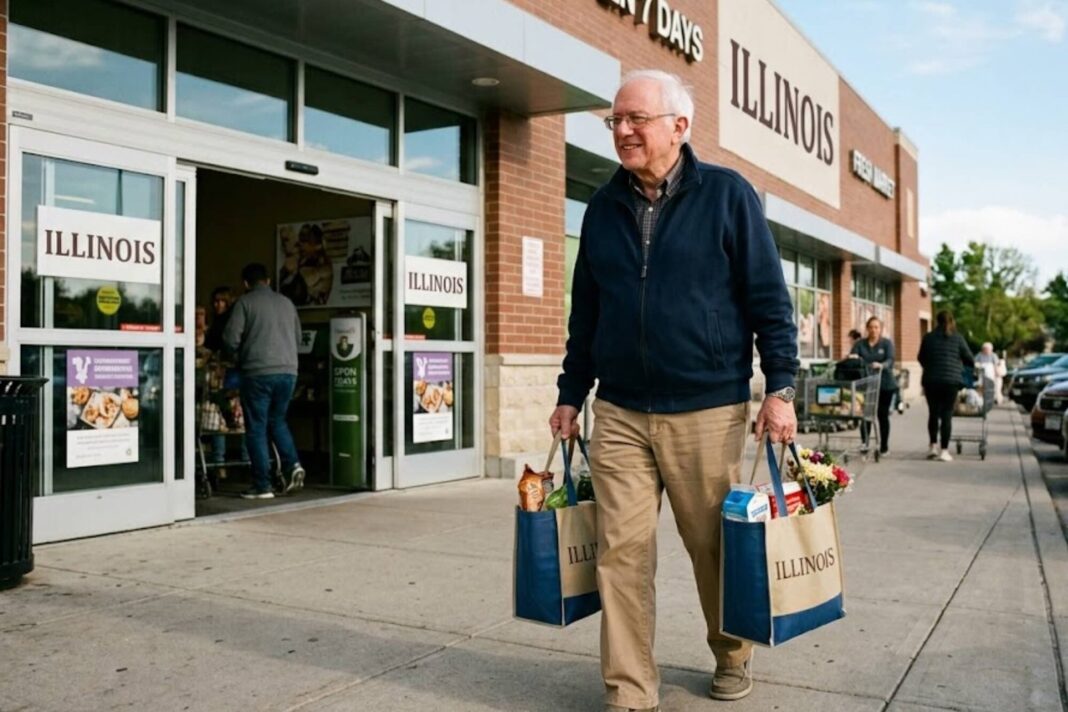 Adulto mayor comprando frutas y verduras frescas en un mercado de agricultores de Illinois