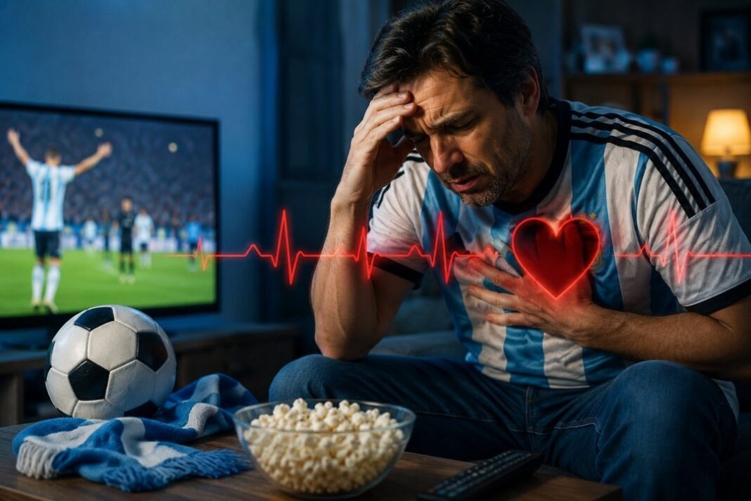 Persona viendo un partido de fútbol con expresión de tensión