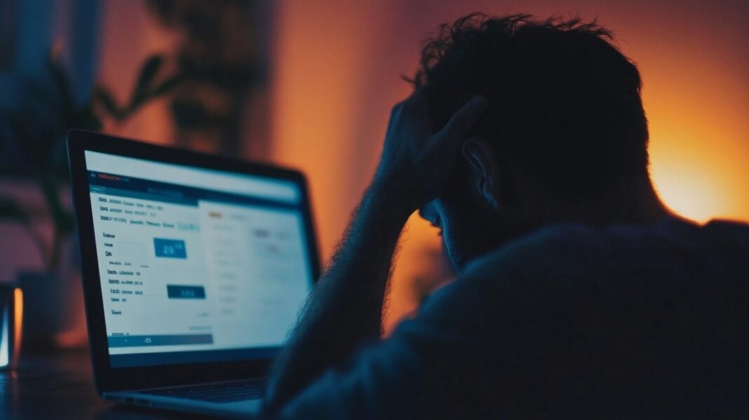 Persona usando computadora con alerta de seguridad bancaria