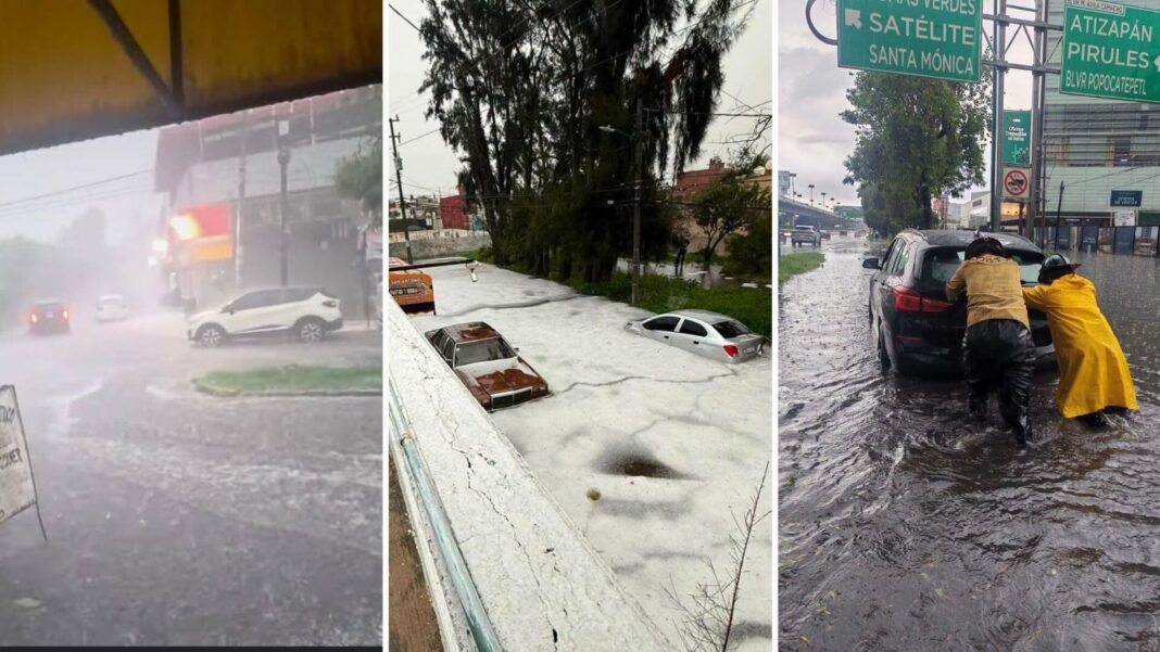 Inundación en avenida López Portillo en Coacalco, Estado de México, con vehículos atrapados por el agua