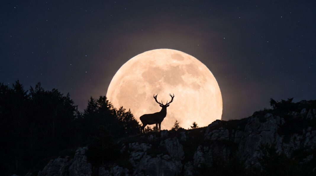 Luna llena de julio sobre un paisaje con árboles y horizonte despejado