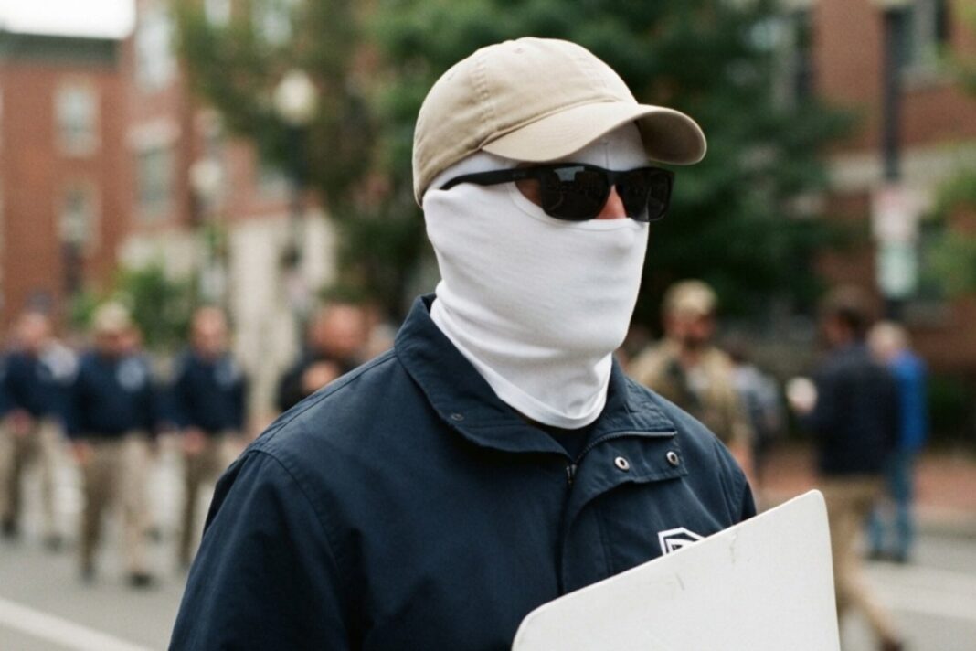 Manifestantes con máscaras blancas y gafas oscuras durante una marcha en Washington D.C.