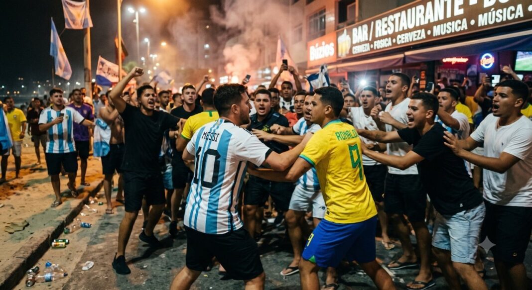 Grupo de personas en la playa de Copacabana durante enfrentamientos entre hinchas argentinos y brasileños