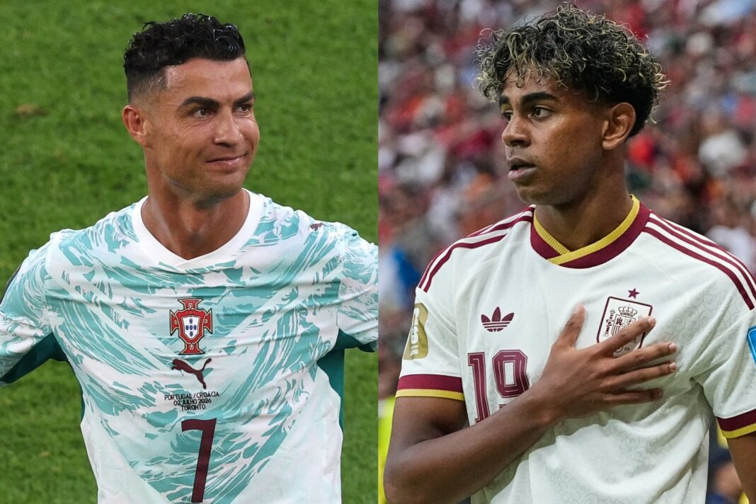 Jugadores de Portugal y España en el campo de juego del AT&T Stadium durante el Mundial 2026
