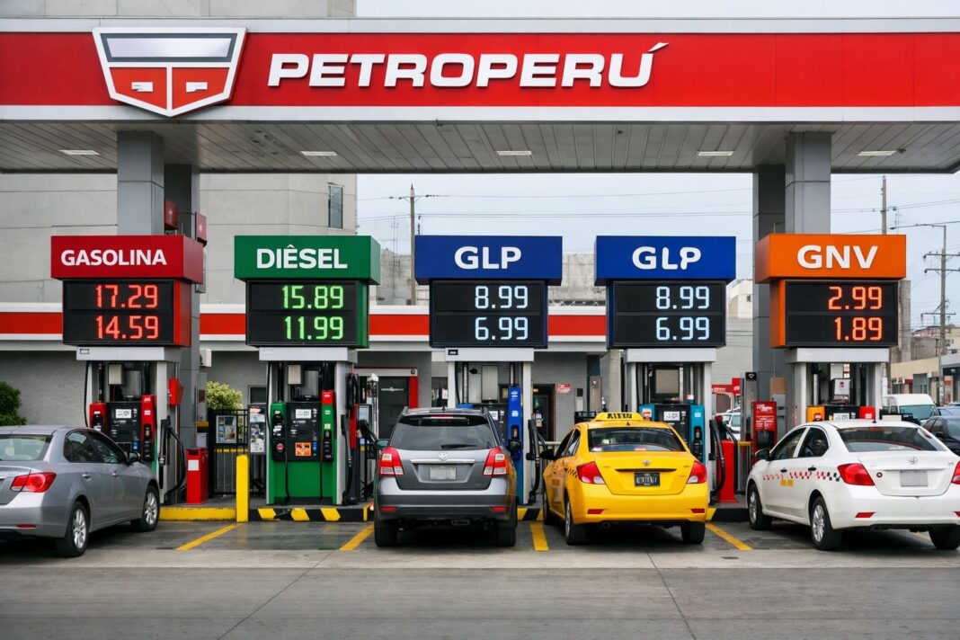 Estación de servicio con precios de combustibles en Perú