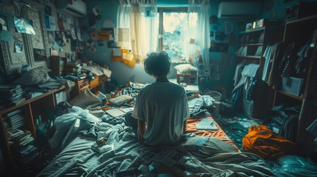 Habitación desordenada con ropa y objetos dispersos