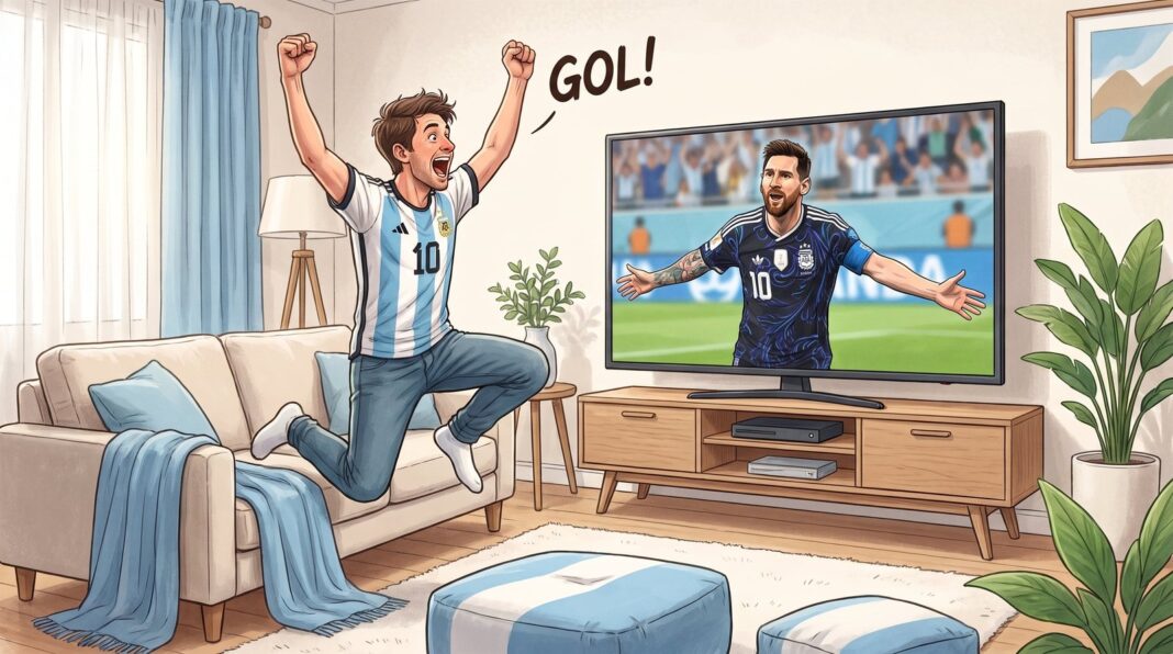 Celebración de un gol de la Selección Argentina con aficionados saltando y abrazándose