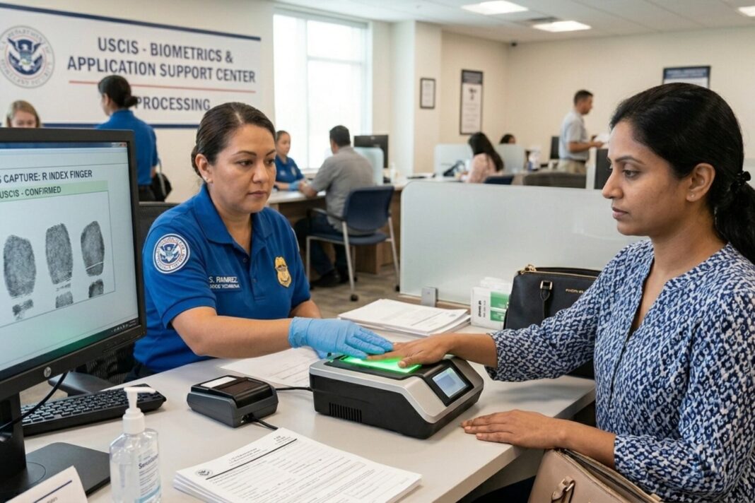 Oficina de USCIS con bandera de Estados Unidos