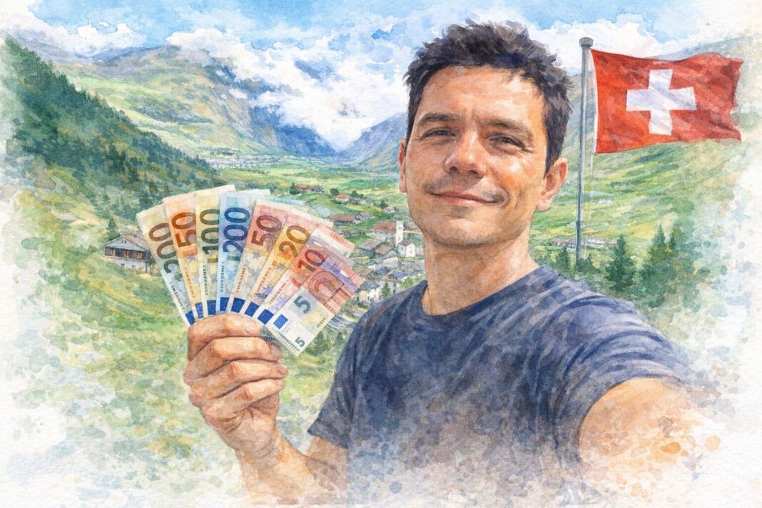 Vista de las montañas y casas típicas de Albinen, Suiza, durante el recorrido del youtuber Juan Díaz