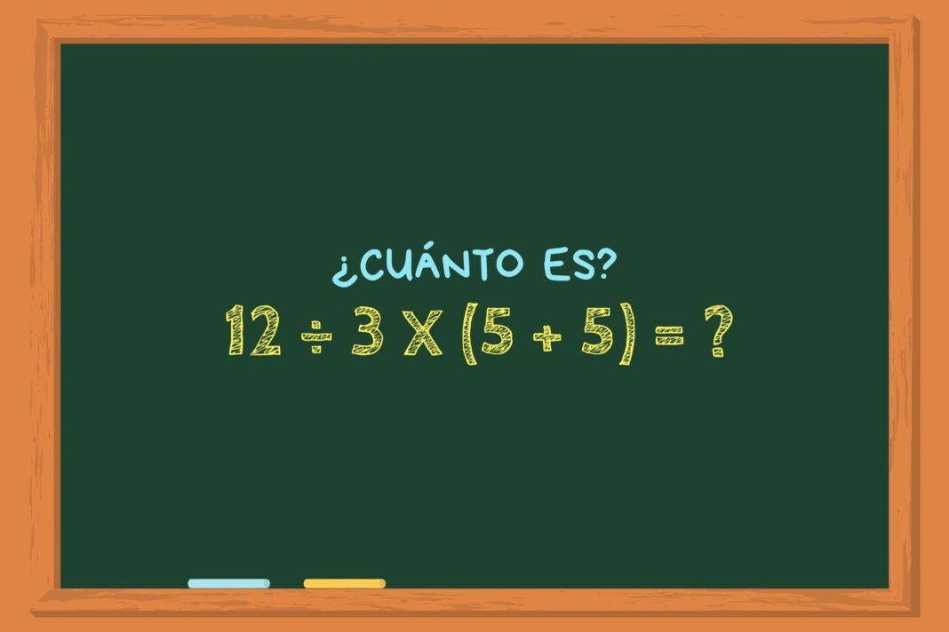 Pizarra con la operación 12 ÷ 3 x (5 + 5) y su resultado