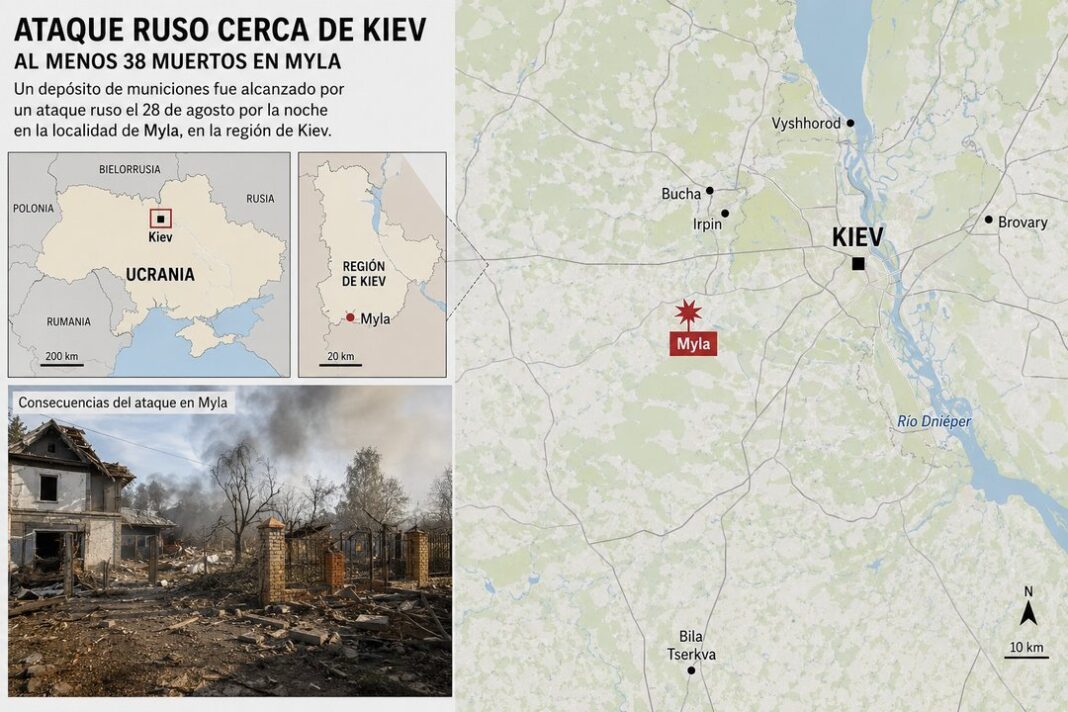 Imagen de referencia del ataque a un depósito de municiones en Myla, cerca de Kiev