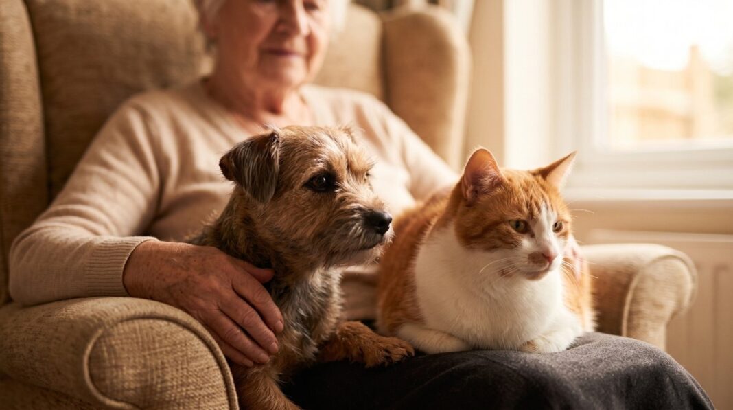 Perro y gato junto a un adulto mayor