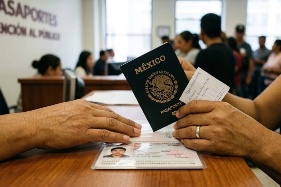 Pasaporte mexicano sobre una mesa con documentos
