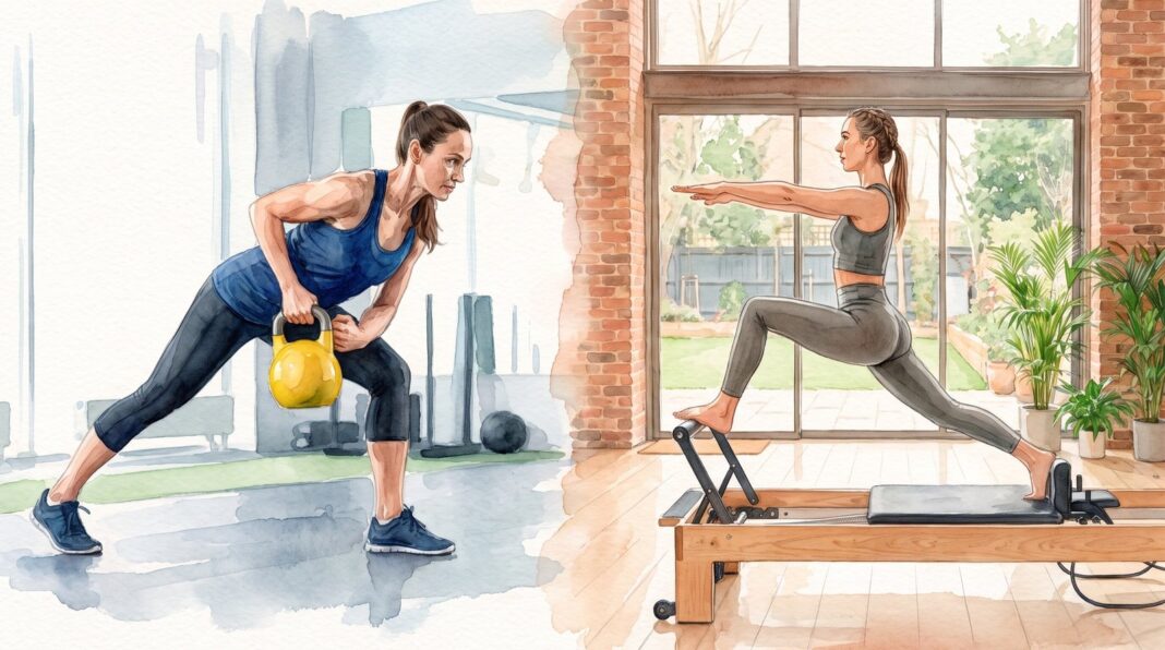 Persona realizando ejercicio de pilates en una máquina reformer