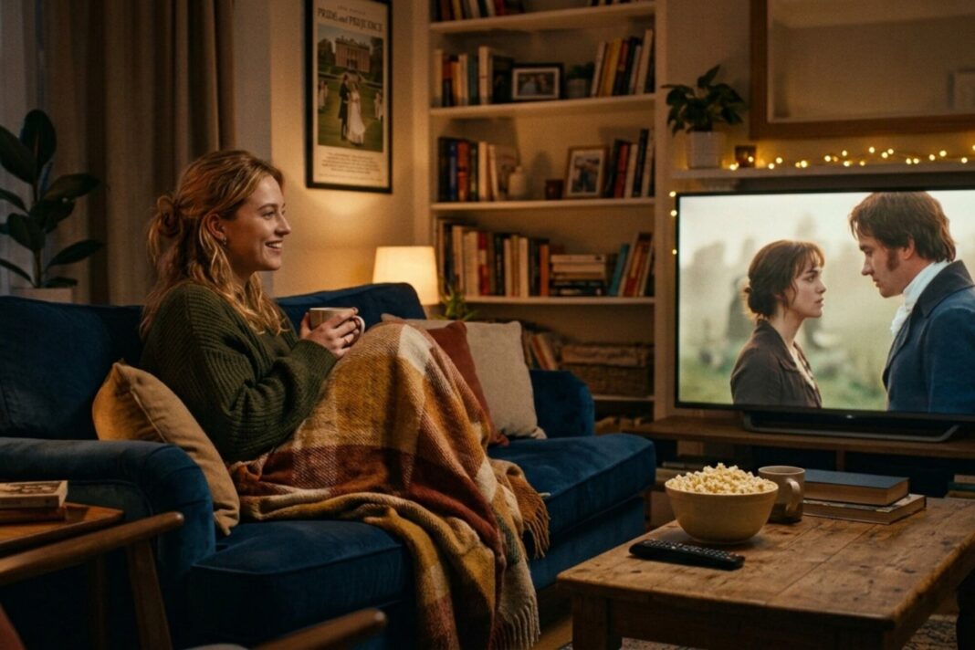 Persona mirando una película en un televisor en un living