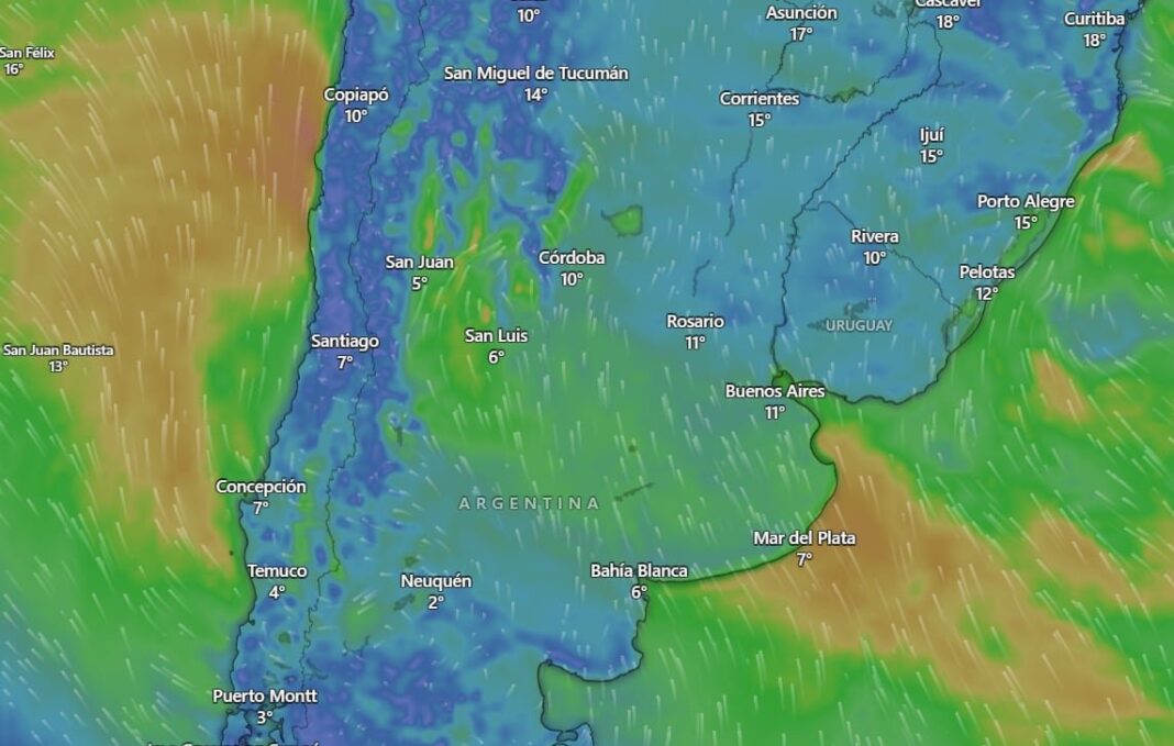 Mapa de alertas meteorológicas en Argentina con zonas afectadas por vientos, nevadas y lluvias