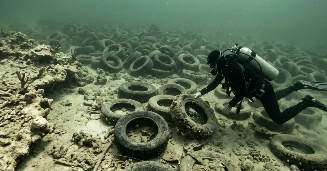Arrecife de neumáticos en un canal de hormigón en el suroeste de Estados Unidos