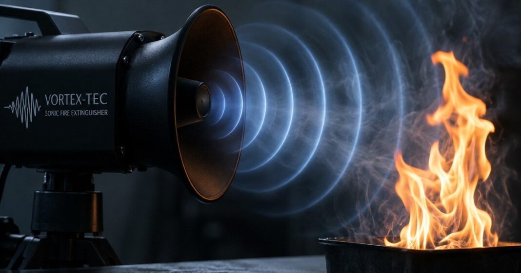 Prototipo de extintor sonoro Vortex-Tec que utiliza ondas acústicas para apagar llamas