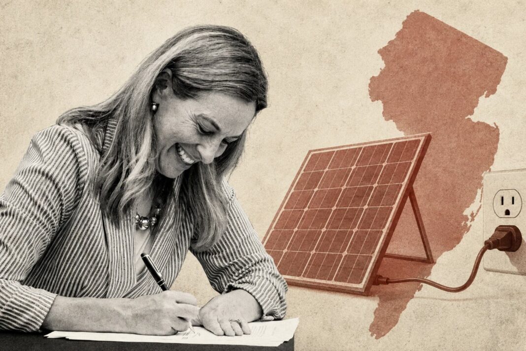 Paneles solares portátiles conectados a un tomacorriente en un hogar de Nueva Jersey