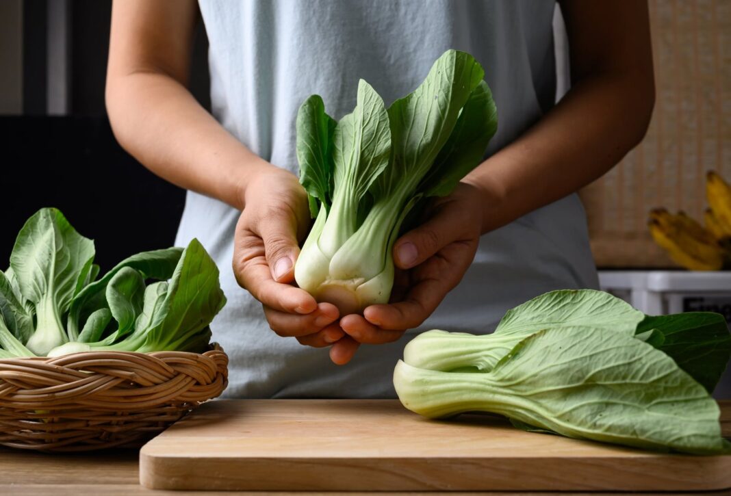 Pak choi fresco sobre una mesa